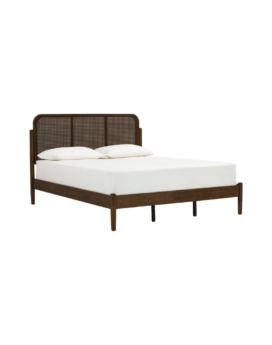 CAMA QUEEN TIMO EN ROBLE MALAYO COLOR COCOA Y RATAN NATURAL