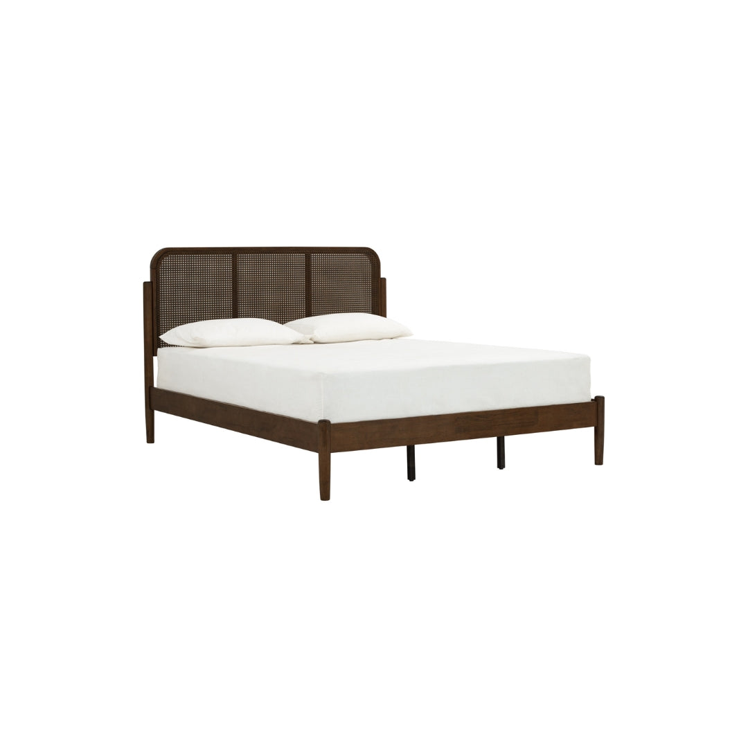 CAMA QUEEN TIMO EN ROBLE MALAYO COLOR COCOA Y RATAN NATURAL