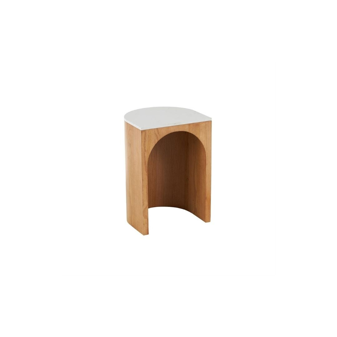 MESA AUXILIAR DE MADERA CON ARCO Y TOPE DE MARMOL BLANCO