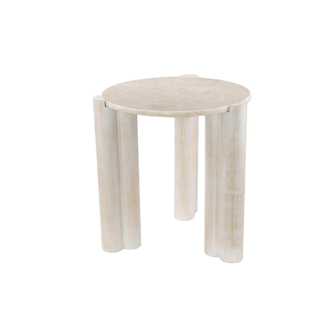 MESA AUXILIAR REDONDA EN MADERA DE TECA CON TOPE DE MARMOL