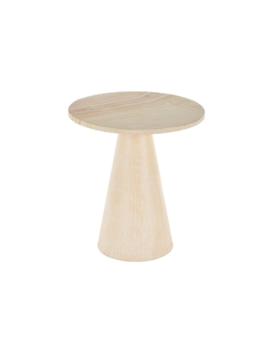MESA AUXILIAR REDONDA EN MADERA DE TECA CON BASE CONICA Y TOPE DE MARMOL BEIGE