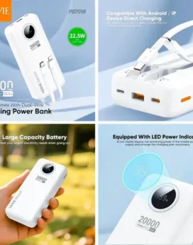 Power Bank Vidvie 20000mAh Carga Rápida 22.5W Cables Integrados