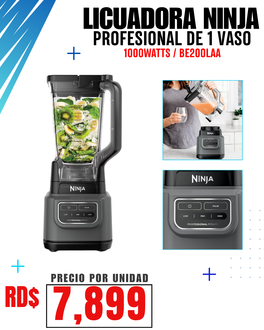 LICUADORA NINJA PROFESIONAL (1 VASO) 1000 WATTS BE200LAA