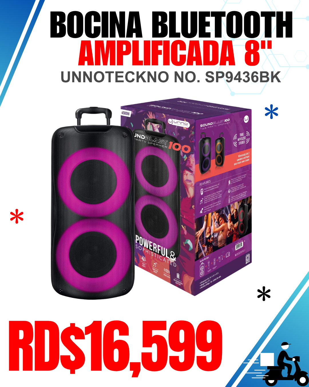 BOCINA BLUETOOTH AMPLIFICADA 8" UNNOTECKNO NO. SP9436BK