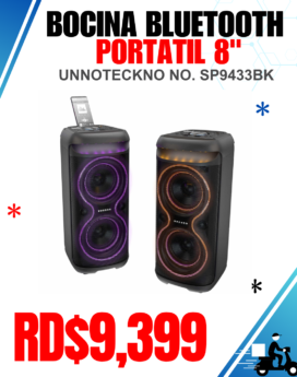 BOCINA BLUETOOTH PORTATIL 8" UNNOTECKNO NO. SP9433BK