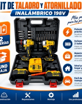✨ Kit de Taladro y Atornillador Inalámbrico 198V