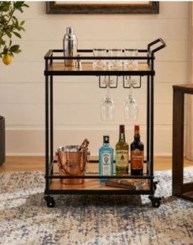 MINI BAR DE METAL NEGRO CON ESTANTES DE MADERA NATURAL