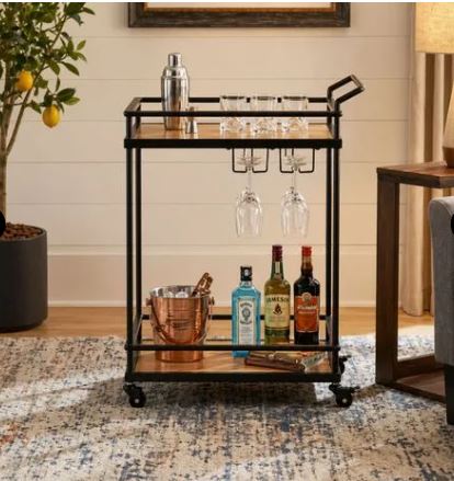 MINI BAR DE METAL NEGRO CON ESTANTES DE MADERA NATURAL