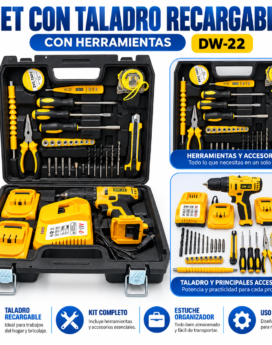 SET CON TALADRO RECARGABLE CON HERRAMIENTAS (DW-22)