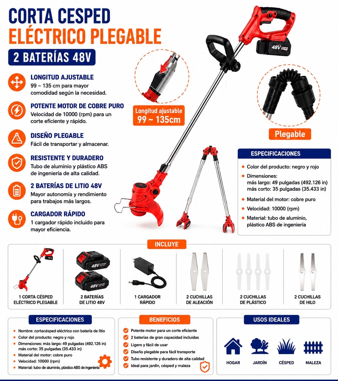 CORTA CESPED ELECTRICO PLEGABLE 2 BATERIA 48V