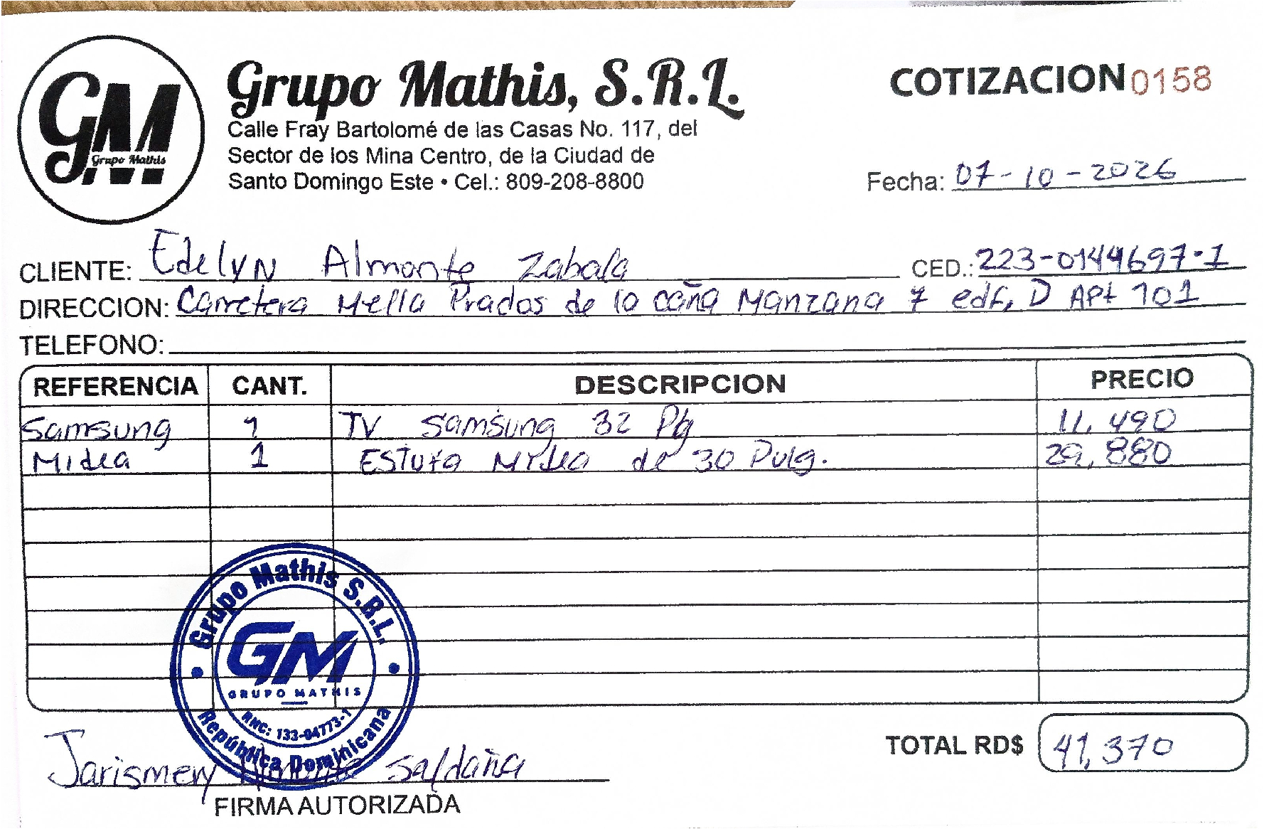 pedido por cotización/grupo mathis